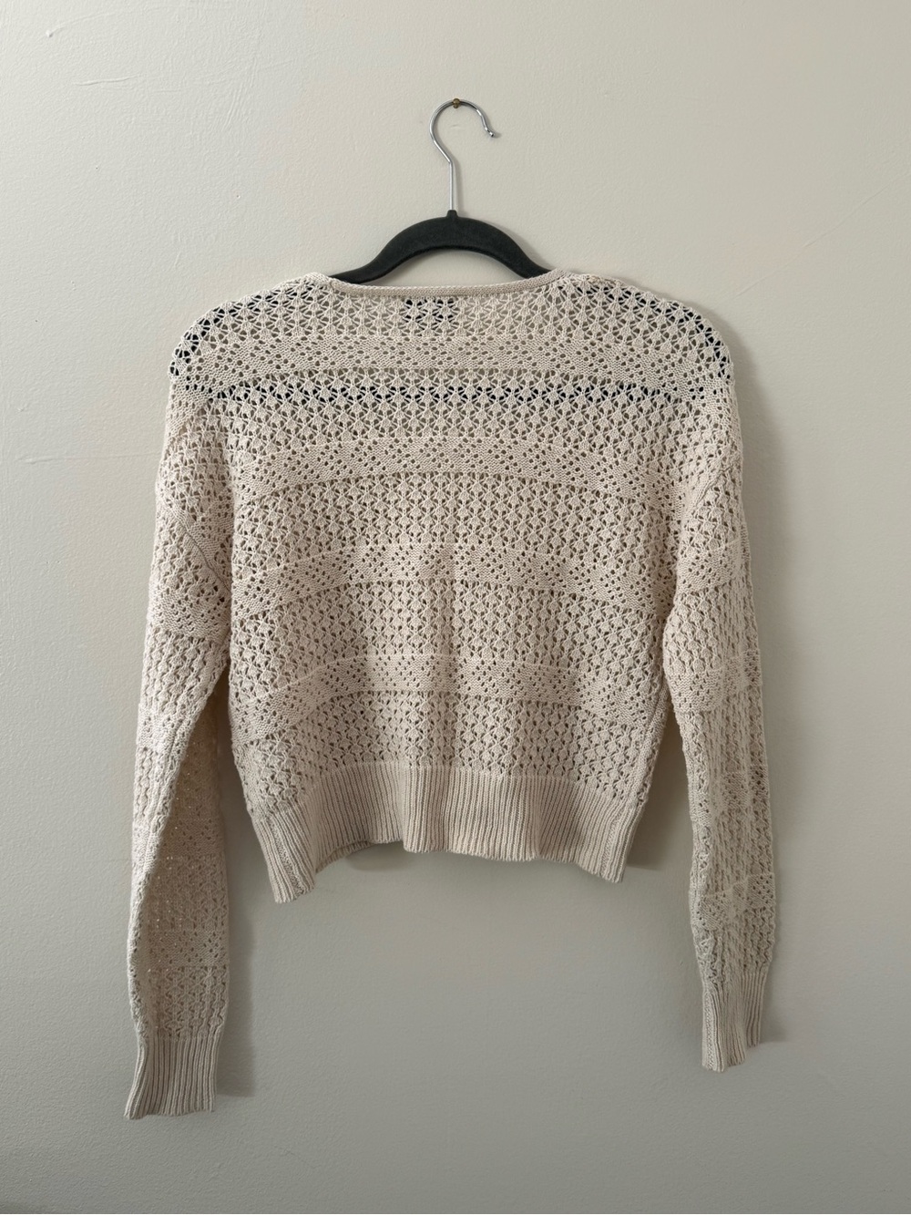 Boho Coastal Cream Ivory Open-Knit V-Neck Summer Sweater Beach Coverup Sz Sm - Picture 3 of 13